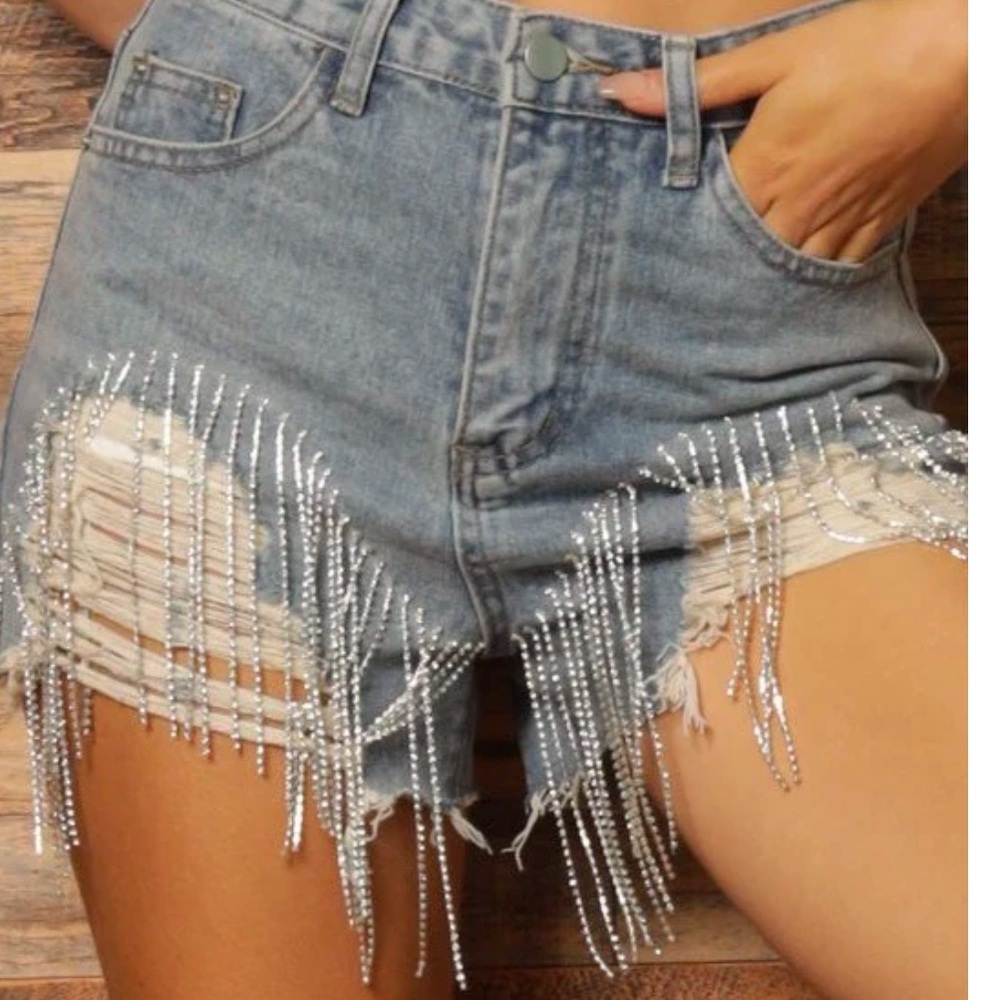 🆕 W TAGS Rhinestone Fringed High Waisted Diamond Tassel Denim Shorts size XXL
